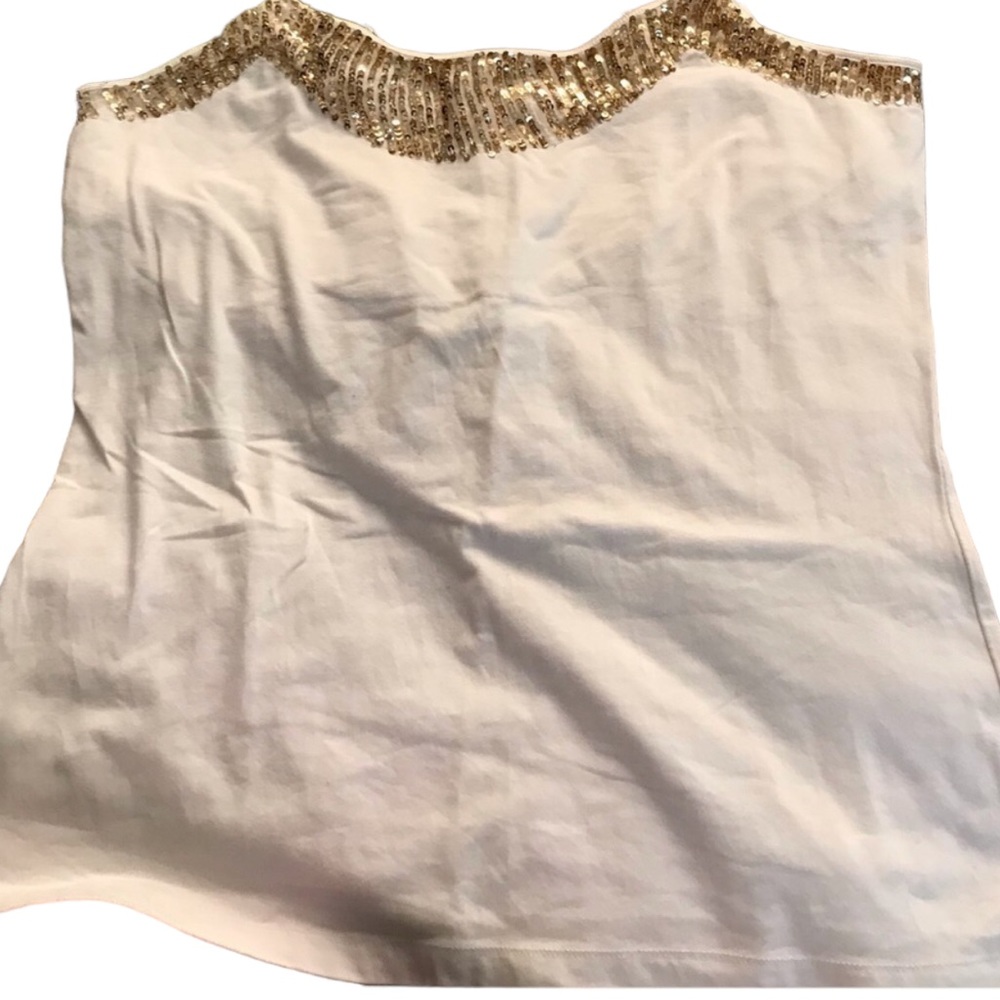 Bisou Bisou XL white camisole adjustable straps with gold sequin trim shelf bra